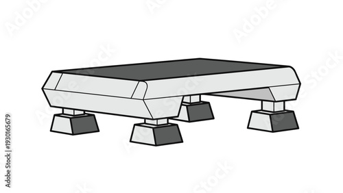 Grey step aerobics platform with four black legs shown from a low angle perspective against a plain white background area.
