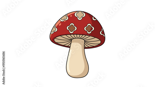 Red mushroom with beige clover patterns on its cap and a thick pale stem standing alone on a crisp white background base.