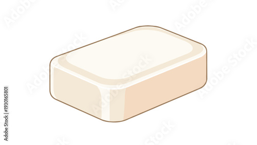 Simple 3D illustration of a plain rectangular bar of light beige soap for personal hygiene and cleanliness on white.