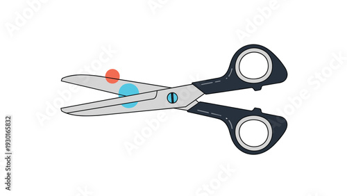 Illustration of sharp silver scissors with black handles cutting through floating red and blue circular shapes on white.