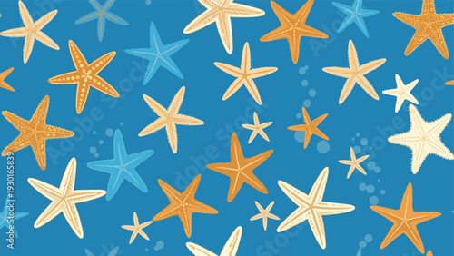 Vibrant seamless pattern of various starfish in orange, blue, and cream shades on a dark blue aquatic background.
