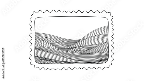 Intricate black and white engraving of a wavy landscape enclosed within a decorative postage stamp style scalloped border.