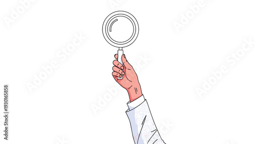 Person in a white lab coat holding a magnifying glass upward in a gesture of investigation or searching on white.