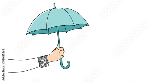 Close up of a hand with a patterned bracelet holding a bright teal blue umbrella against a clear white background.