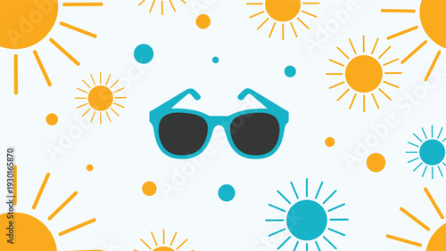 Summer themed pattern featuring teal sunglasses and various yellow sun symbols on a pale blue background with dots.