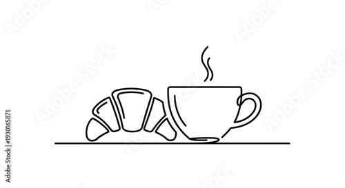 Minimalist Line Art: Hot Coffee Cup with Steam and Croissant on White Background