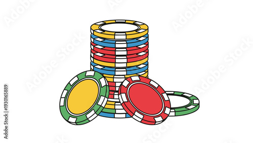 Stack of colorful casino poker chips in red, blue, and yellow with a few chips leaning at the base on white.