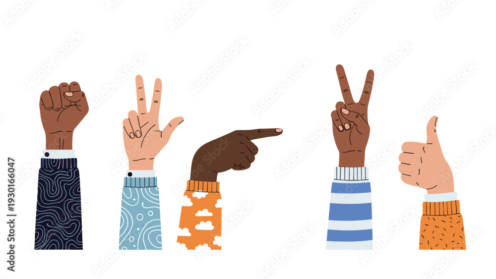 Fototapeta premium Diverse group of hands making different gestures like peace signs and thumbs up with colorful patterned sleeves on a white background.