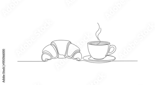 Minimalist line art of a croissant and a steaming cup of coffee on a white background