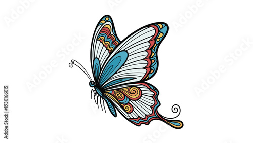 Intricate colorful butterfly with blue red and yellow patterns on its wings isolated on a plain white background for design projects.