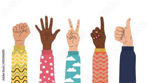 Series of five diverse hands in different skin tones showing various gestures like a fist, five, two, one, and a thumbs up.