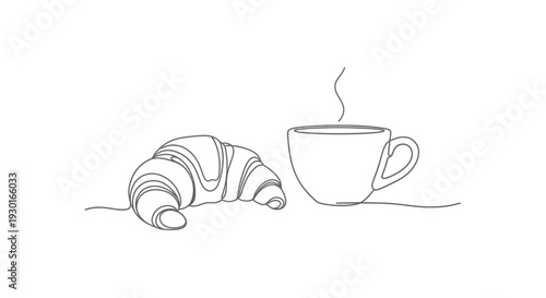 Minimalist line art of a croissant and a steaming cup of coffee, perfect for breakfast or cafe themes.