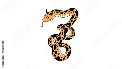 Cartoon orange snake with black spots and a flickering tongue moving in a curved path over a plain white background for children.