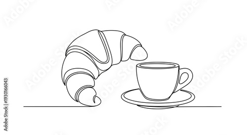 Minimalist line art of a croissant and coffee cup on a saucer, representing breakfast or a break.