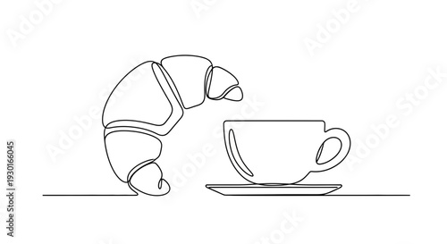 Minimalist line art of a croissant and coffee cup on a saucer, representing breakfast or a break.