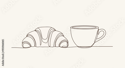 Minimalist line art of a croissant and coffee cup, breakfast concept