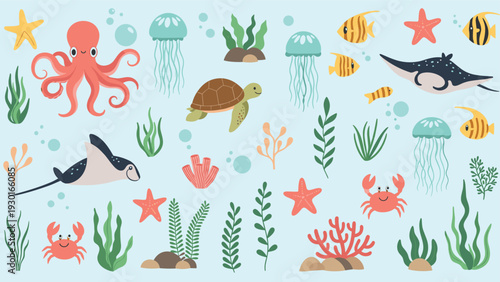 Large collection of cute underwater sea creatures like octopuses turtles and fish swimming among colorful coral and seaweed on a blue base.