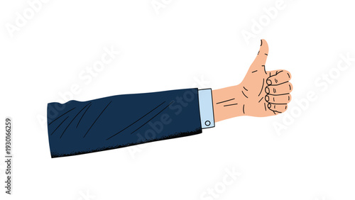 Hand in a dark blue suit sleeve giving a thumbs up gesture as a symbol of approval success and positive feedback on a white background.
