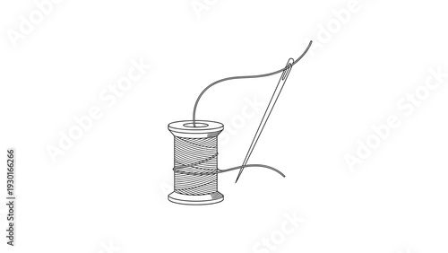 Vintage style illustration of a wooden spool of thread with a metal sewing needle standing beside it on a plain white background.