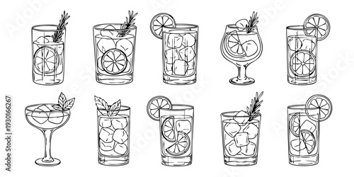 A collection of illustrated cocktail glasses with various garnishes and ice, showcasing different drinking vessels and mixology styles from a front viewpoint.