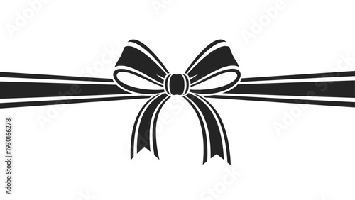 Decorative black bow ribbon with long ends shown as a simple graphic element for gift wrapping and celebratory designs on white background.