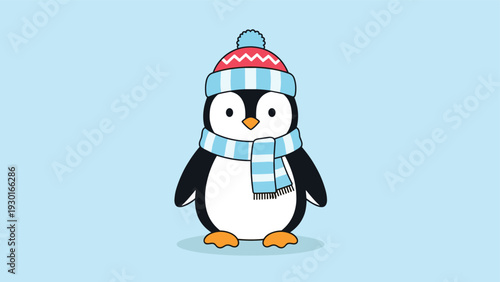 Adorable cartoon penguin wearing a blue striped scarf and a red winter hat with a pom pom standing on a light blue snowy background.