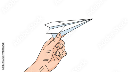 Human hand holding a folded paper airplane ready to be thrown as a symbol of creativity travel and childhood fun on white background.