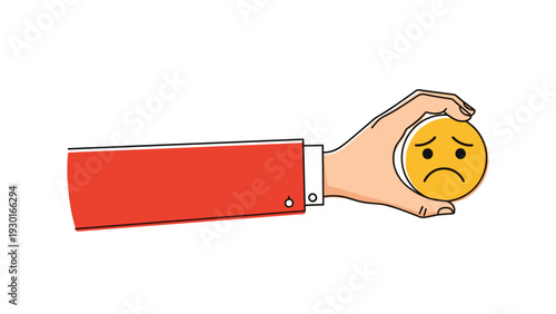 Hand in a red suit sleeve holding a small yellow button with a sad face emoji as a sign of negative feedback or disappointment.