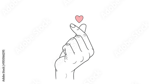Minimalist line drawing of a hand performing the finger heart sign with a small pink heart icon above it on a white background.
