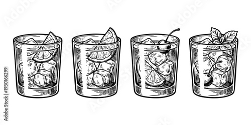 A set of four glasses filled with different cocktails, garnished with lime and cherry, on a transparent background, viewed from the front.