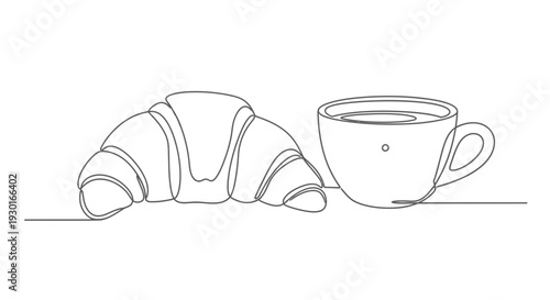Minimalist Line Art: Croissant and Coffee Cup - Breakfast Icon