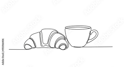 Minimalist Line Art: Croissant and Coffee Cup - Breakfast, Bakery, Cafe Icon