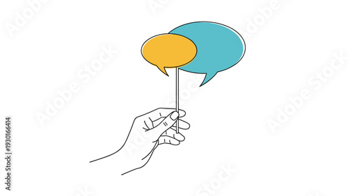 Human hand holding a thin stick with two speech bubbles in yellow and blue colors for communication, dialogue, and social interaction concepts.