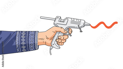 Hand holding a hot glue gun applying a wavy line of orange adhesive for craft, DIY projects, home improvement, and creativity concepts.