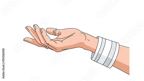 Reaching hand with palm open upwards wearing a large white cuff bracelet and two small silver rings on fingers for grace and help concepts.