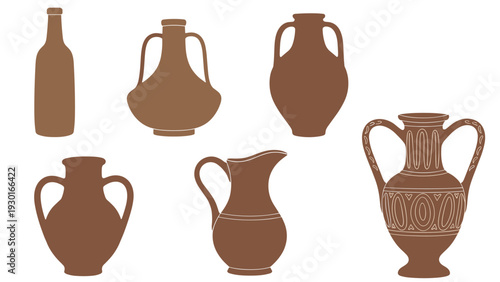 Silhouettes of various ancient pottery and vases including a detailed brown amphora with ornate patterns for history and archeology.