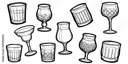 A collection of various glasses and goblets illustrated in black and white, viewed from directly above, showcasing different shapes and designs.