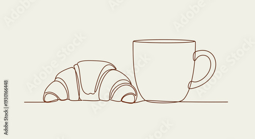 Minimalist Line Art: Croissant and Coffee Cup - Simple Breakfast Illustration