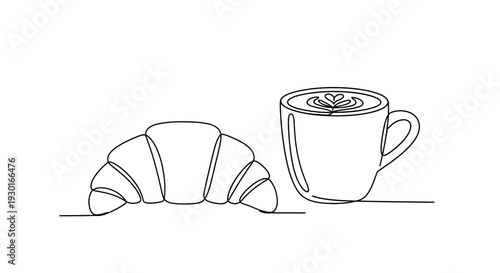 Minimalist Line Art: Croissant and Coffee Cup with Latte Art