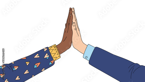 Two hands of different skin tones performing a high five gesture to symbolize teamwork, success, friendship, and collaboration concept.