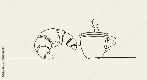 Minimalist Line Art: Croissant and Coffee Cup with Steam, Breakfast Concept