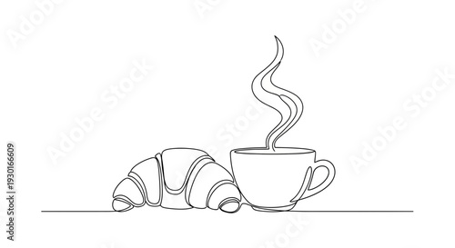 Minimalist Line Art: Croissant and Steaming Coffee Cup - Breakfast Icon