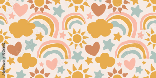 Boho Sun & Rainbow pattern. Tropical palms, clouds, hearts, ceramic pots, groovy flowers, seamless beach bg. Scandinavian design. Organic shapes, retro vibes, and coastal summer pattern.