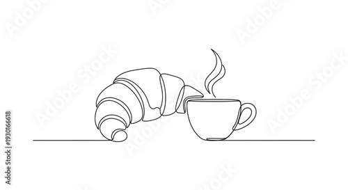 Minimalist Line Art: Croissant and Steaming Coffee Cup - Breakfast Icon