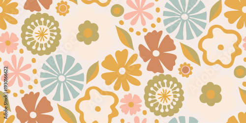 Boho spring elements pattern. Tropical palms, clouds, hearts, ceramic pots, groovy flowers, seamless beach bg. Scandinavian design. Organic shapes, retro vibes, and coastal summer pattern.