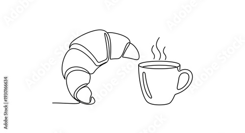 Minimalist Line Art: Croissant and Steaming Coffee Cup - Breakfast Icon