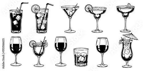 Assorted cocktail glasses and wine glasses with various drinks illustrated in black and white