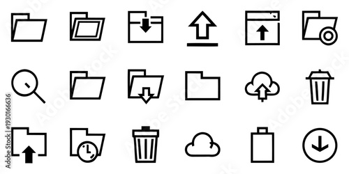 File & Folder icon set withcloud folder, shared folder, locked folder, search file, edit file, copy file, trash bin symbols for UI apps. thin line app web icon set.