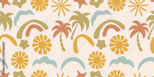 Boho tropical icons pattern. Tropical palms, clouds, hearts, ceramic pots, groovy flowers, seamless beach bg. Scandinavian design. Organic shapes, retro vibes, and coastal summer pattern.