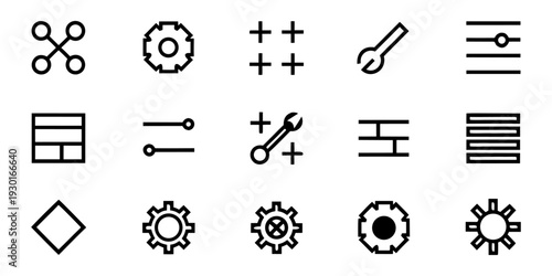 Settings & Controls icon set with gear, sliders, toggle on, toggle off, wrench, toolbox, refresh, sync, adjust levels, brightness symbols for UI apps. thin line app web icon set.
